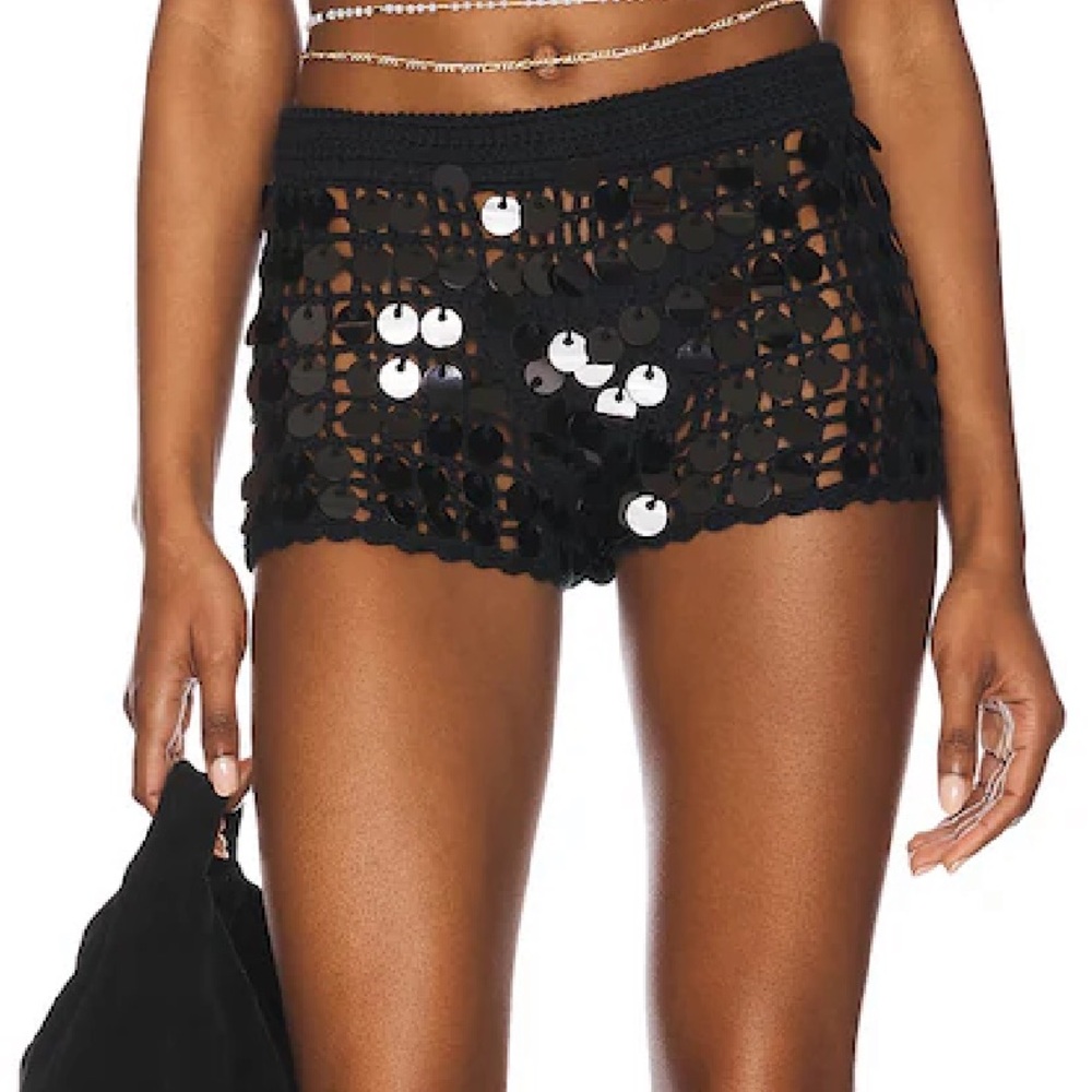 superdown Black Sequin Crochet Coverup Shorts
